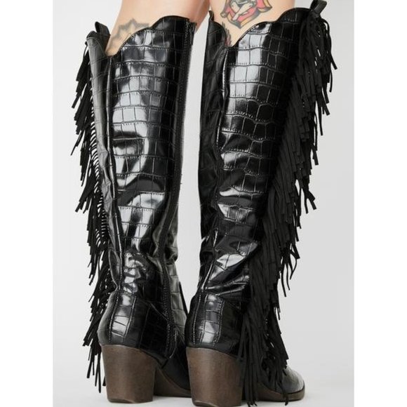 Gothabilly Cowgirl Boots Western Leather Fringe Crocodile Alligator Stevie Nicks - Picture 2 of 10